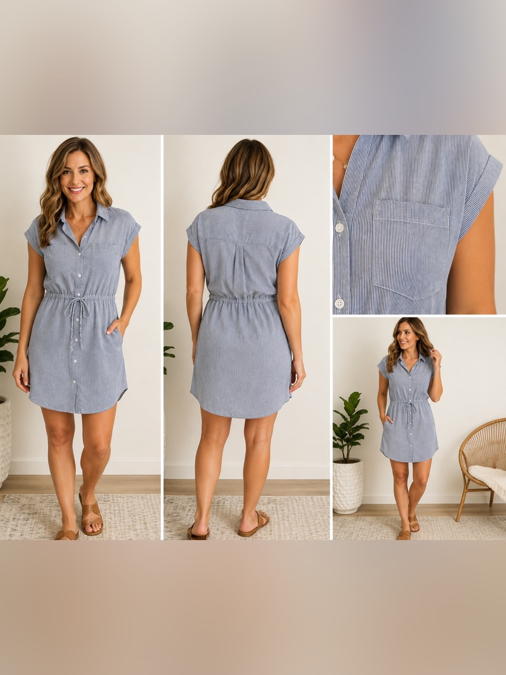 Casual Blue Striped Drawstring Shirt Mini Dress with Pockets